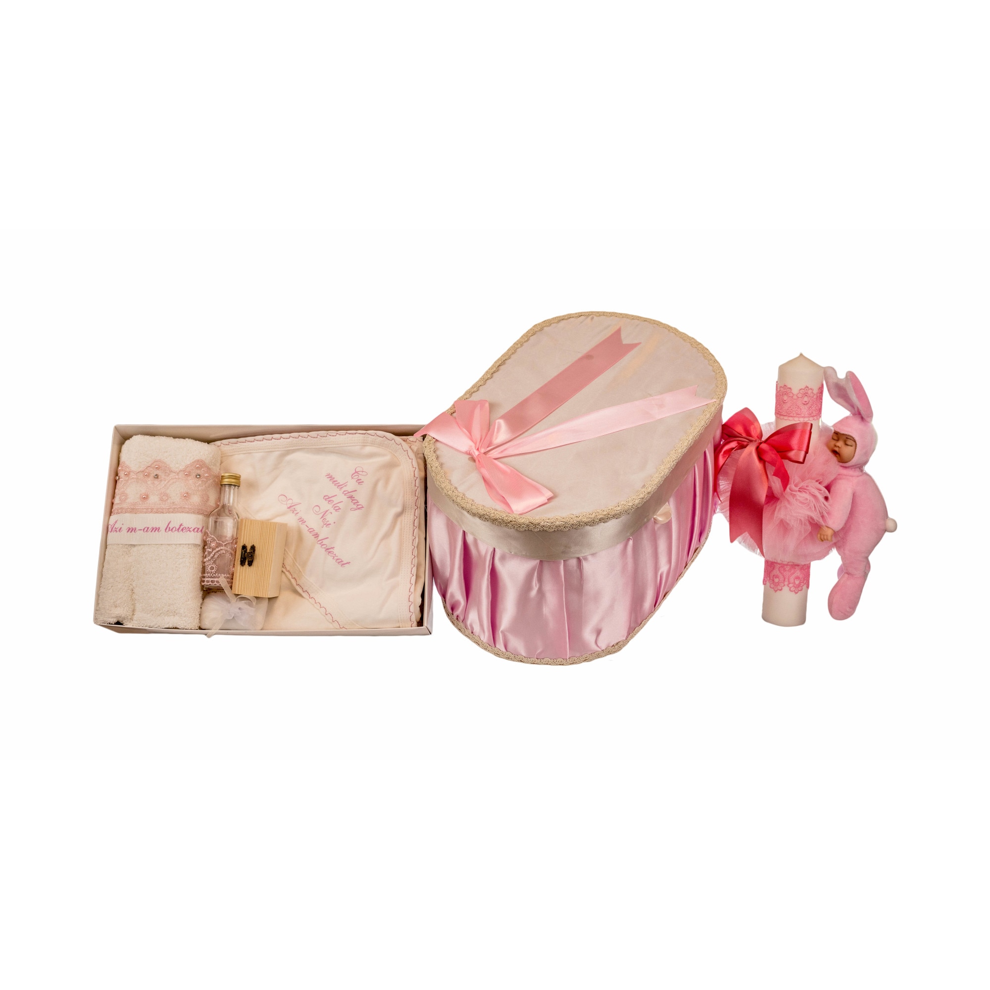 Set botez Iepuras, trei piese, culoare roz