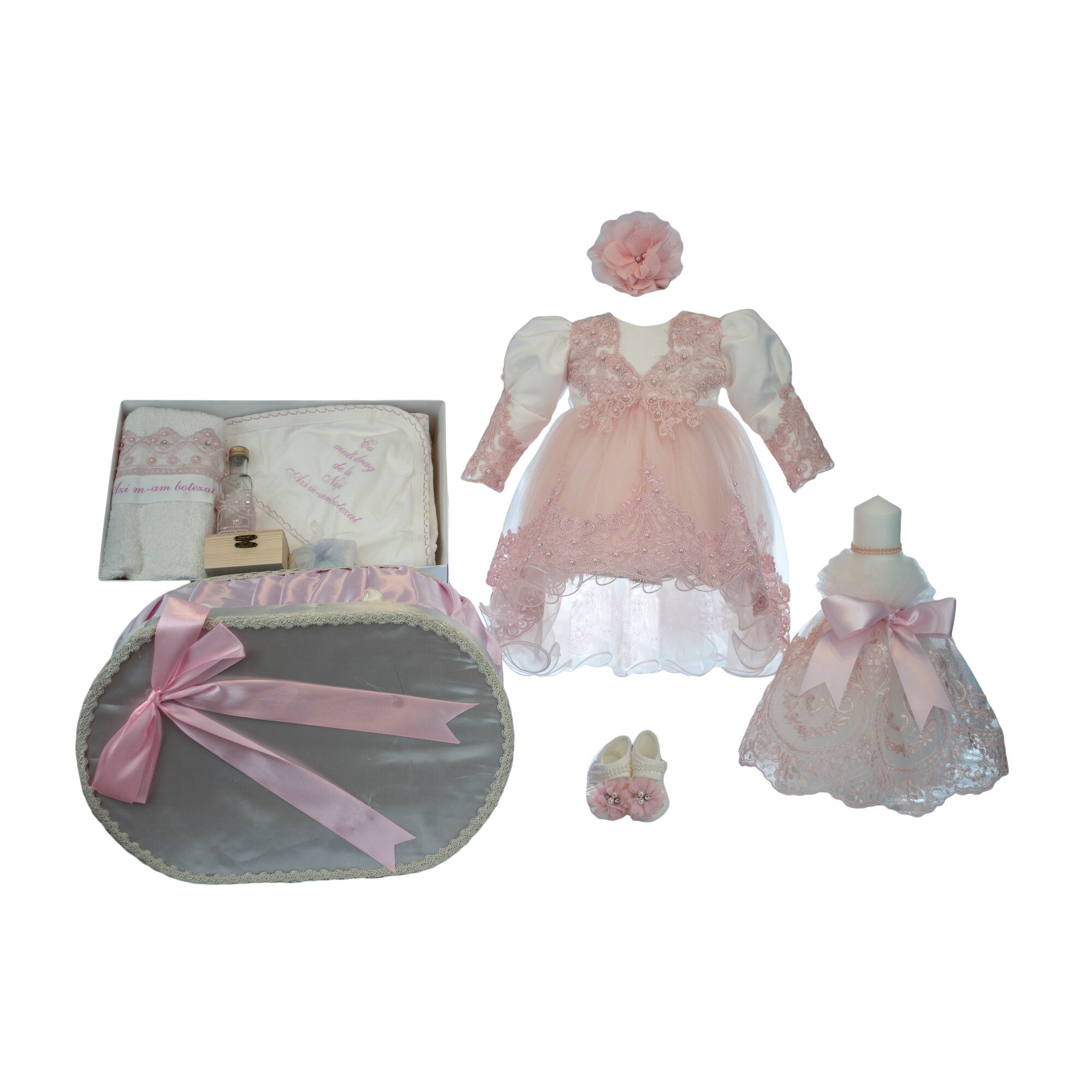 Set botez Alice, patru piese, culoare roz, varsta 6-9 luni