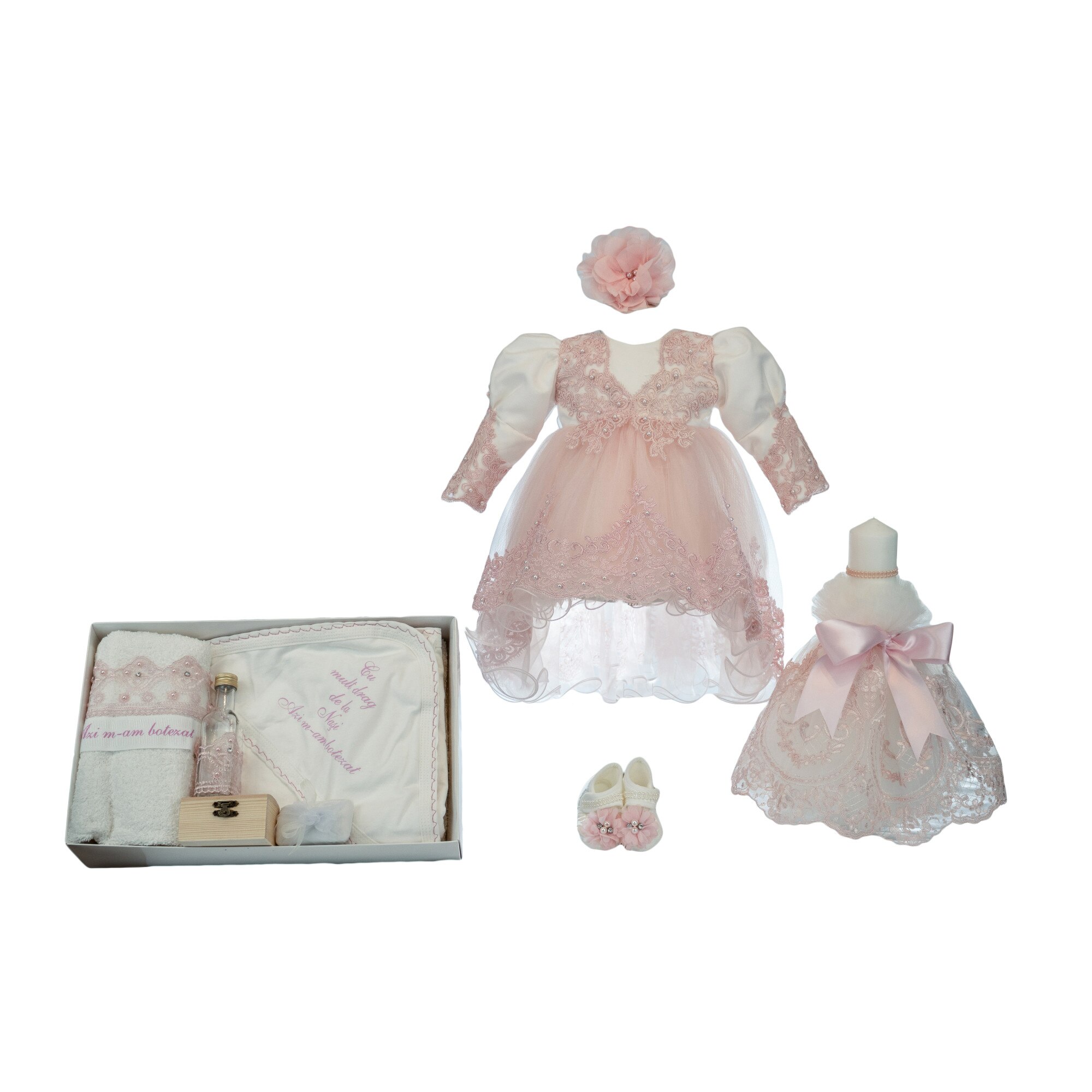 Set botez Alice, trei piese, culoare roz, varsta 6-9 luni