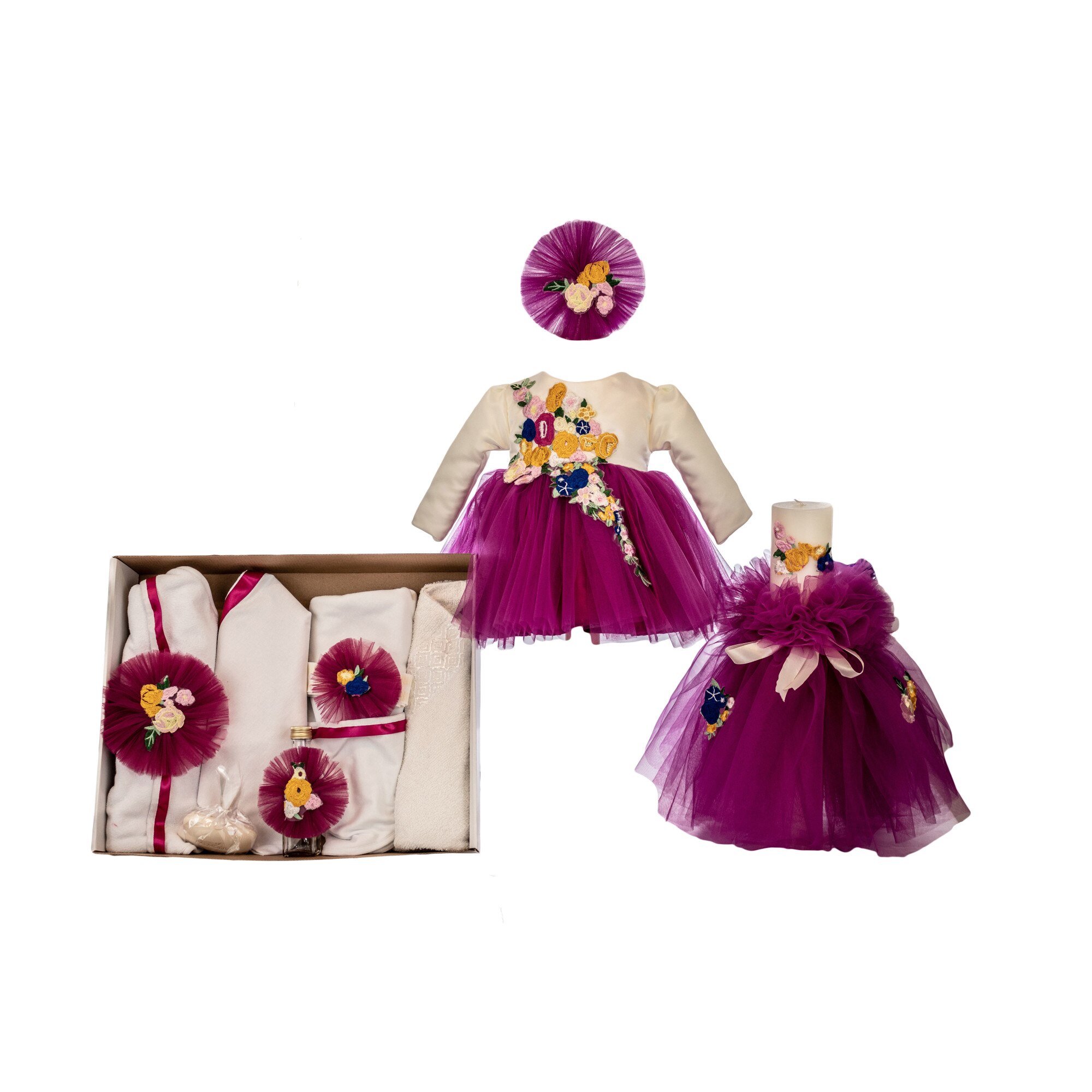Set botez Bianca, trei piese, culoare mov, varsta 0-3 luni