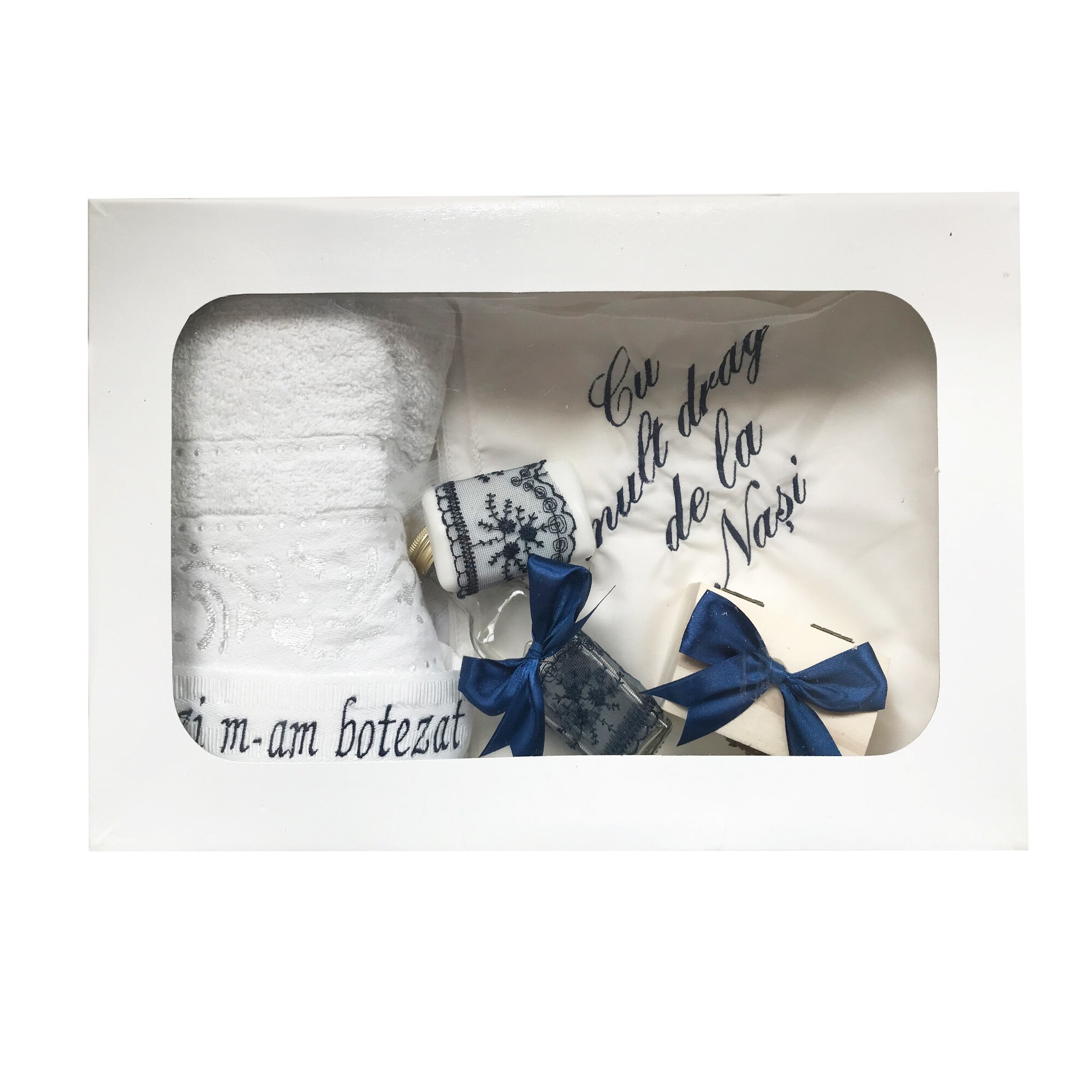 Trusou pentru botez, 7 piese, alb/bleumarin, dae1230