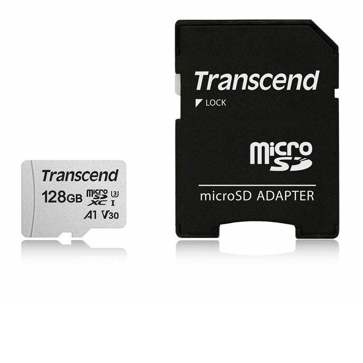 Memorie MicroSD, Transcend, 300S, 128GB, UHS-I U3 V30 A1, microSDXC, Class10, 95MB, Adaptor SD
