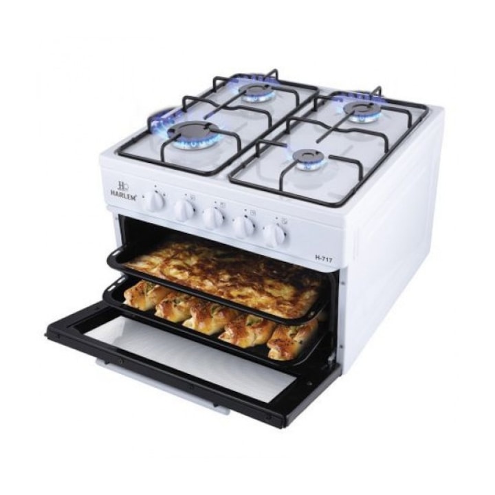 Емайлирана мини печка с 4 котлона HARLEM® ELECTROSET, 0.9 KW, 2X1, 5 KW, 1.9 KW, LPG, Капацитет на фурната 45 литра, БЯЛА