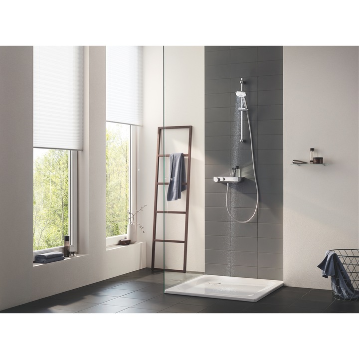 Sistem de dus cu termostat Grohe Grohtherm SmartControl, montare aparenta, butoane push&turn, 3 functii, para dus inclusa, etajera, coloana dus 600 mm, CoolTouch, anti-calcar, Crom