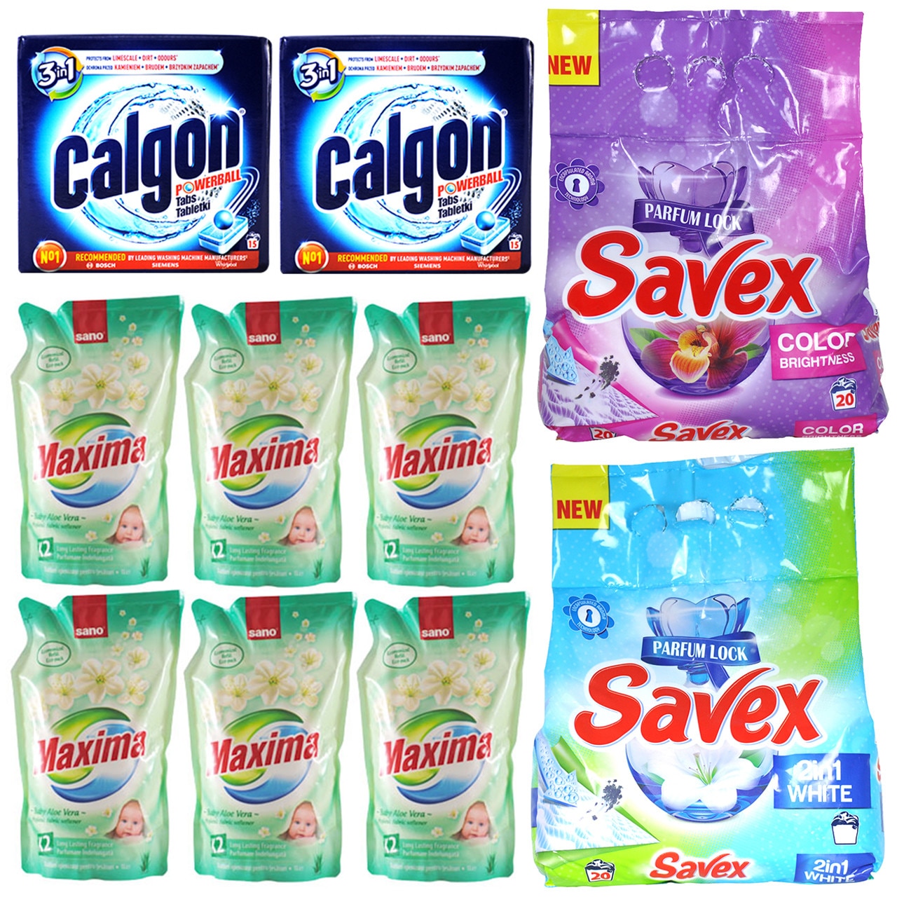 Pachet - 6 x Rezerva balsam de rufe, Sano Maxima, Baby Aloe Vera, 1L + Detergent automat de rufe, Savex, White Clothes, 2Kg + Detergent automat de rufe, Savex, Color, 2Kg + 2 x Cutie Tablete Anti-calcar, Calgon, 195g, 15 tablete/Cutie