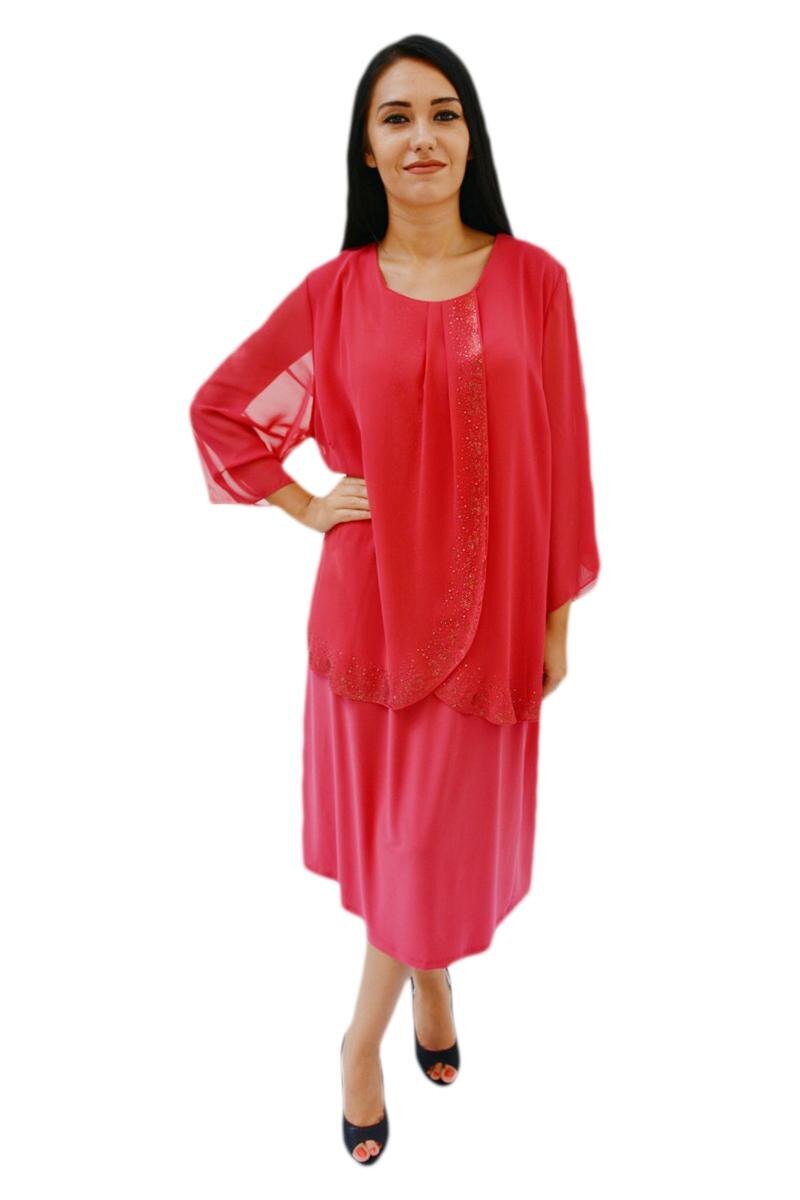 Rochie eleganta de ocazie cu strasuri fine in fata, D&J Exclusive, Corai