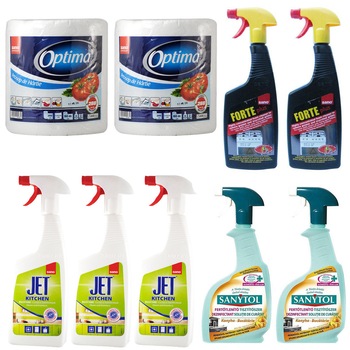 Pachet - 3 x Sano jet Kitchen, Solutie pentru bucatarie cu pulverizator, 750ml + 2 x Sanytol dezinfectant, Bucatarie, 500ml + 2 x Prosop bucatarie, Sano Optima, 60M + 2 x Sano Forte, Pentru aragaz, 750ml Pachet - 3 x Sano jet Kitchen, Solutie pentru bucatarie cu pulverizator, 750ml + 2 x Sanytol dezinfectant, Bucatarie, 500ml + 2 x Prosop bucatarie, Sano Optima, 60M + 2 x Sano Forte, Pentru aragaz, 750ml
