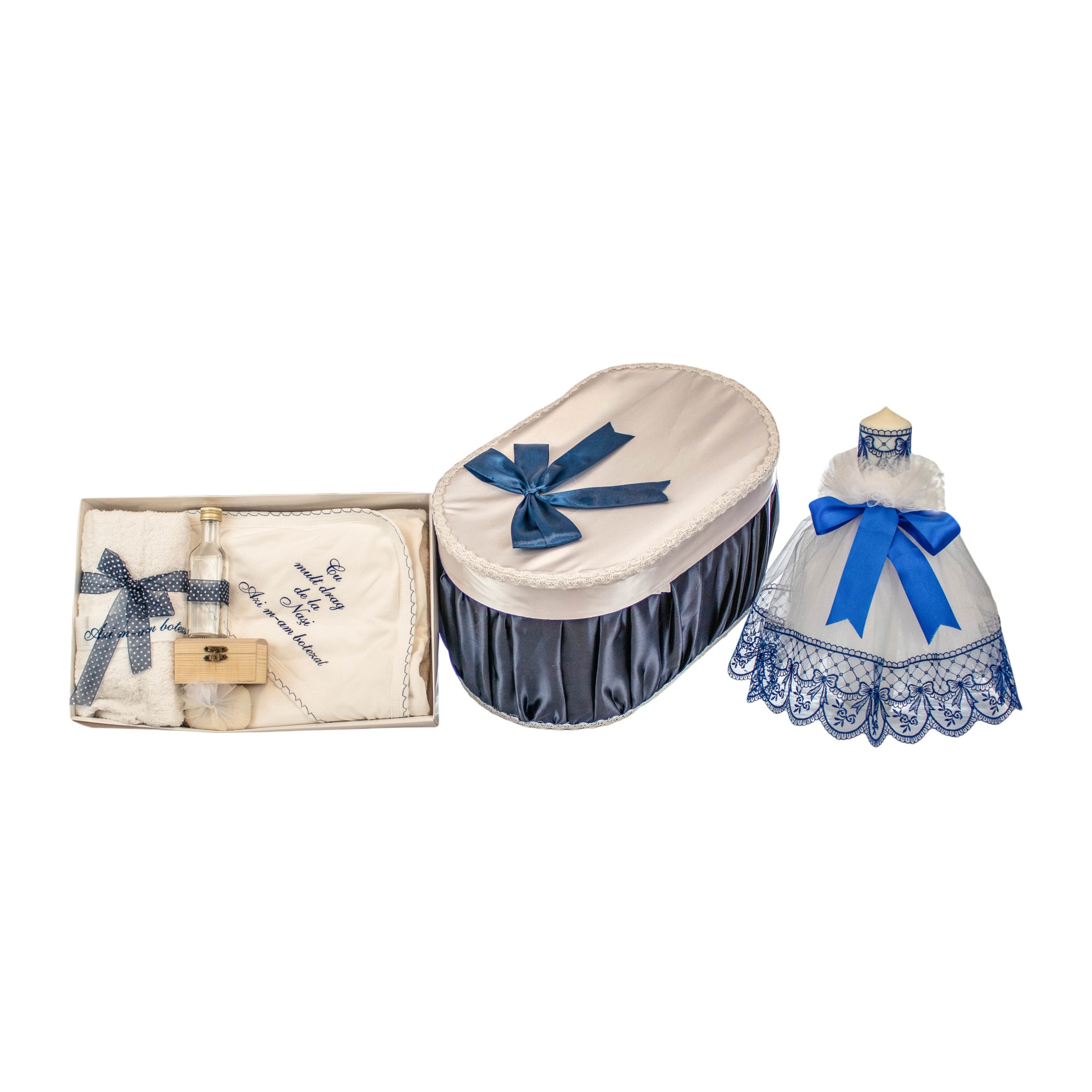 Set botez Elegance, trei piese, culoare bleumarin