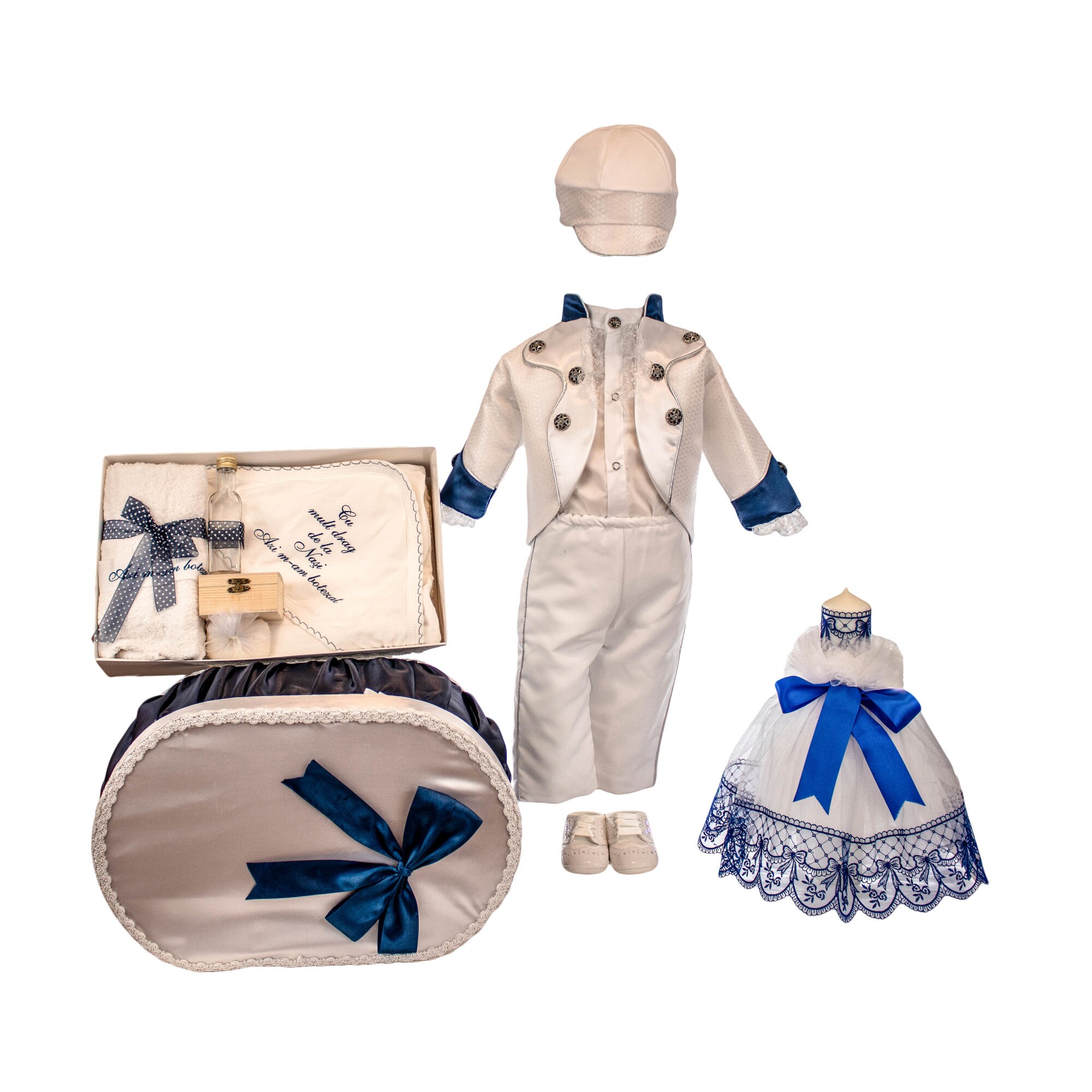 Set botez Micul Imparat, cinci piese, culoare alb-bleumarin, varsta 3-6 luni