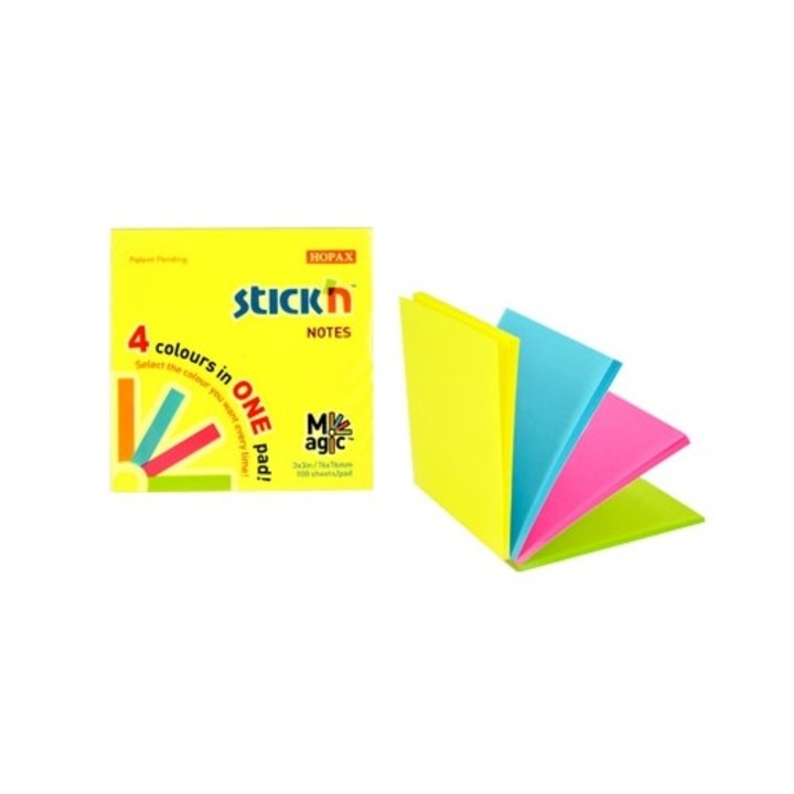 Magic Notes Autoadeziv 76 X 76 Mm, 100 File, Stick"n Magic Notes - 4 Culori Neon