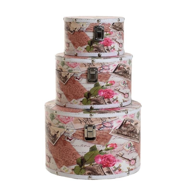 Set 3 cutii depozitare din lemn si panza, multicolor