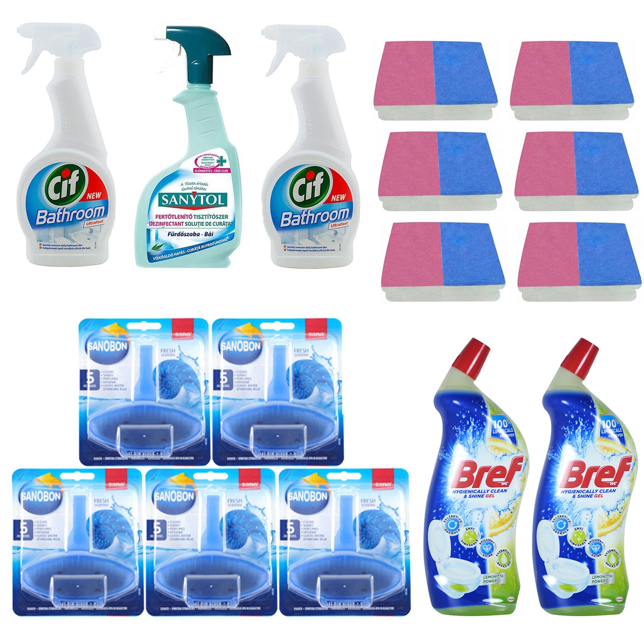 Pachet - 5 x SanoBon Fresh Scent, Toilet Rim Block, Odorizant wc, 5 x 55g + Sanytol bucatarie, 500ml + 2 x Cif baie, 500ml + 6 x Bureti pentru curatare + 2 x Bref lichid pentru vasul toaletei, 700ml