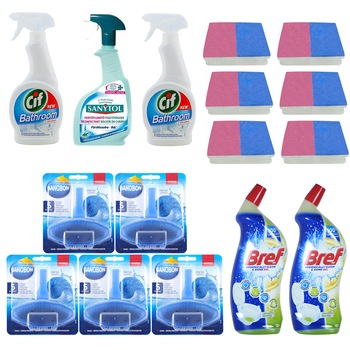 Pachet - 5 x SanoBon Fresh Scent, Toilet Rim Block, Odorizant wc, 5 x 55g + Sanytol bucatarie, 500ml + 2 x Cif baie, 500ml + 6 x Bureti pentru curatare + 2 x Bref lichid pentru vasul toaletei, 700ml Pachet - 5 x SanoBon Fresh Scent, Toilet Rim Block, Odorizant wc, 5 x 55g + Sanytol bucatarie, 500ml + 2 x Cif baie, 500ml + 6 x Bureti pentru curatare + 2 x Bref lichid pentru vasul toaletei, 700ml