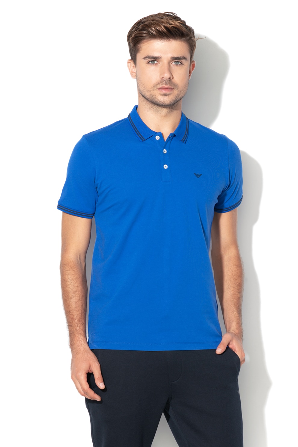 Emporio Armani, Tricou polo din pique cu logo cauciucat, Albastru