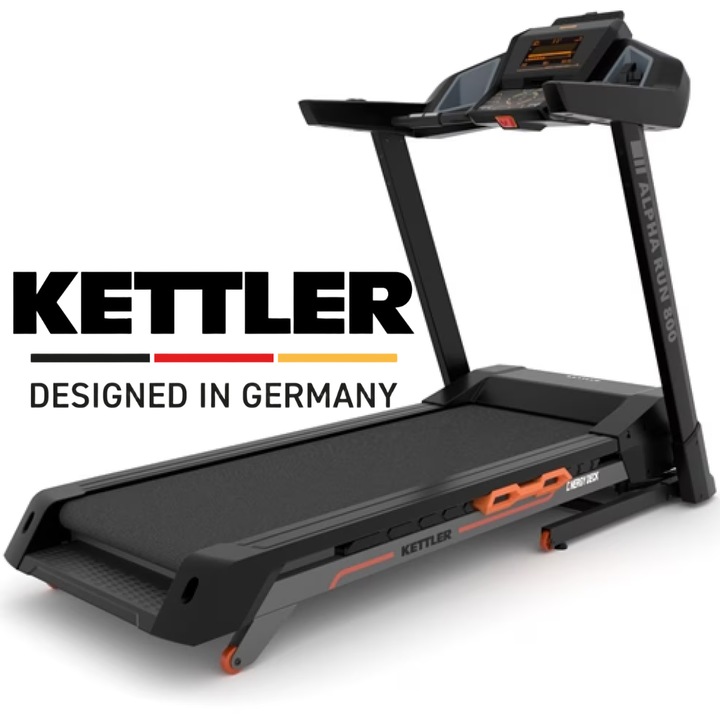 Banda de alergare KETTLER ALPHA RUN 800 Semiprofessional Line, Motor 4 CP, Utilizator 175 Kg, Inclinatie 12%, Viteza 22 Km/h, Bluetooth, USB, Suport tableta/smartphone/sticla, Ventilator, FIltru EMC
