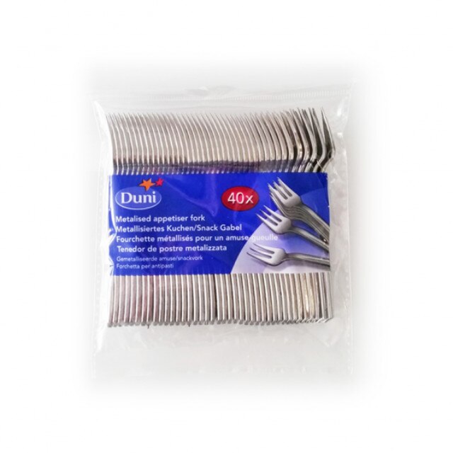 Set furculite mini plastic cu efect metalizat Duni, 110 mm, 40 buc