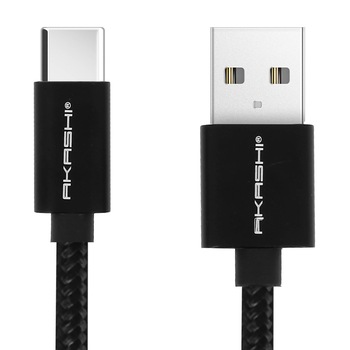 Cablu impletit AKASHI USB-C, 1m, 3A - incarcare rapida, Black Cablu impletit AKASHI USB-C, 1m, 3A - incarcare rapida, Black