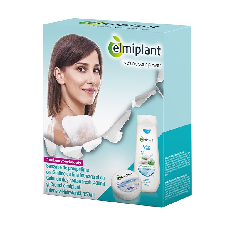 Set Elmiplant, Unisex: Gel de dus cu bumbac, 400 ml + Crema Intensiv -Hidratanta, 150 ml