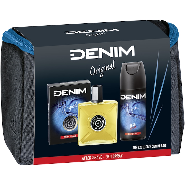 Комплект за мъже Denim, Original: Афтършейв лосион, 100 мл + Дезодорант спрей , 150 мл + Чанта