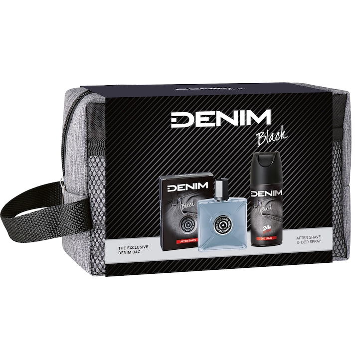 Set cadou: Lotiune dupa ras Denim Black, 100 ml + Deodorant Spray Denim Black, 150 ml + borseta
