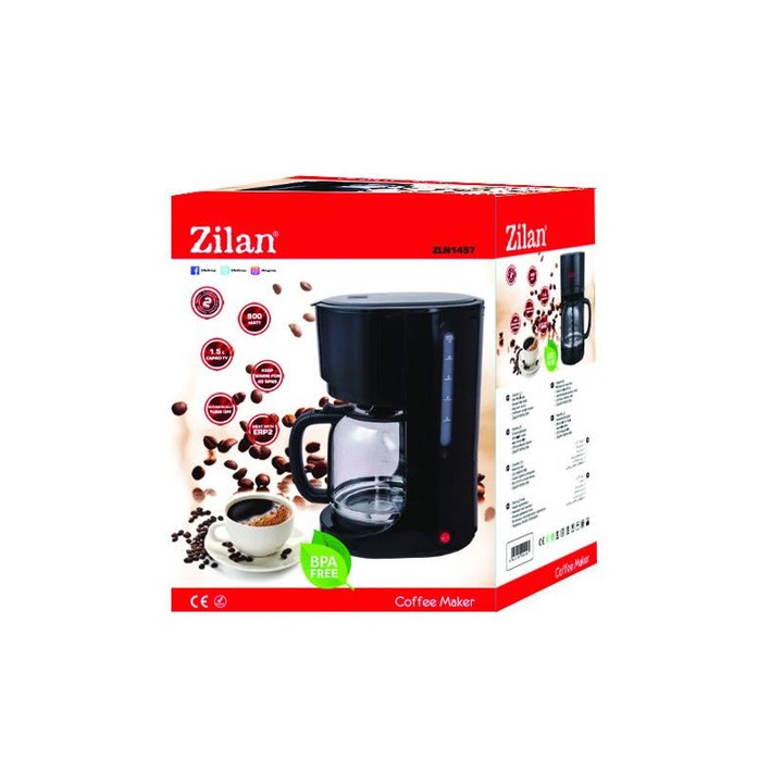 Filtru de cafea ZILAN ZLN-1457, Capacitate 1.5L (12 cesti), Plita pentru pastrarea calda a cafelei, Sistem antipicurare, putere 900W