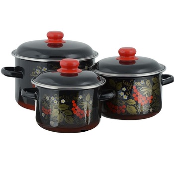 Set CERN.REABINA 3 oale rusesti emailate cu capac 2L,3L,5,5L cu margine cromata Set CERN.REABINA 3 oale rusesti emailate cu capac 2L,3L,5,5L cu margine cromata