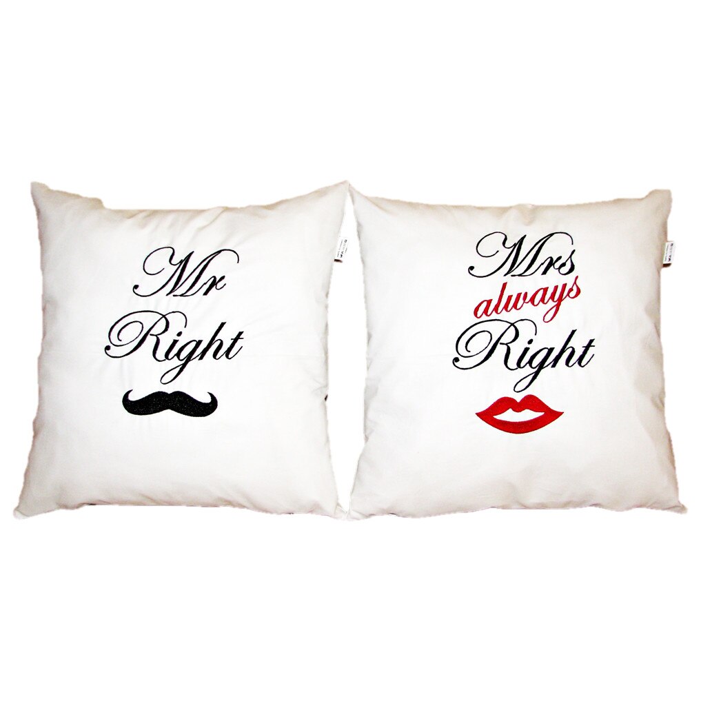 Set 2 perne Mr & Mrs Right, 40x40 cm, bumbac 100%, culoare alba