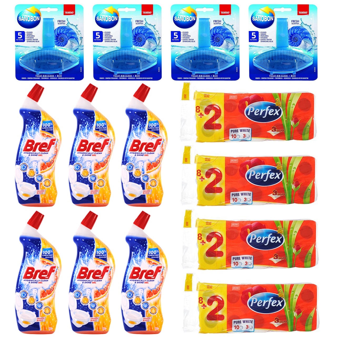 Pachet - 6 x Bref, Orange Burst, Solutie gel pentru WC, 700ml + 4 x Hartie igienica, Perfex, 3 Straturi, 10 role/Set + 4 x Odorizant WC, Sanobon, Fresh Scent