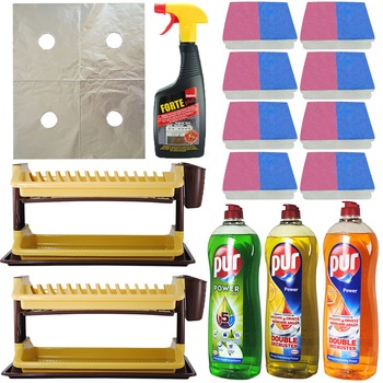 Pachet - 2 x Scurgator de vase si tacamuri, Suport etajat, Crem-Maro + 3 x Detergent lichid de vase, Pur, 900ml + 8 x Set Bureti de Vase, 2buc/Set + Solutie pentru aragaz, Sano Forte, 500ml + Folie aragaz cu 4 gauri Pachet - 2 x Scurgator de vase si tacamuri, Suport etajat, Crem-Maro + 3 x Detergent lichid de vase, Pur, 900ml + 8 x Set Bureti de Vase, 2buc/Set + Solutie pentru aragaz, Sano Forte, 500ml + Folie aragaz cu 4 gauri