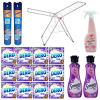 pachet - 12 x dero 2 in 1 automat levantica si iasomie detergent la cutie 3 spalari 300g  2 x balsam de rufe semana violet kiss 40 spalari 1l  2 x apret spray 400ml  balsam spray sano maxima musk 750ml  uscator de rufe zilan imagen 15_0_
0