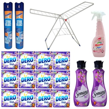 Pachet - 12 x Dero 2 in 1, Automat, Levantica si iasomie, Detergent la cutie, 3 spalari, 300g + 2 x Balsam de rufe, Semana, Violet Kiss, 40 spalari, 1L + 2 x Apret spray, 400ml + Balsam spray, Sano Maxima, Musk, 750ml + Uscator de rufe, Zilan Pachet - 12 x Dero 2 in 1, Automat, Levantica si iasomie, Detergent la cutie, 3 spalari, 300g + 2 x Balsam de rufe, Semana, Violet Kiss, 40 spalari, 1L + 2 x Apret spray, 400ml + Balsam spray, Sano Maxima, Musk, 750ml + Uscator de rufe, Zilan