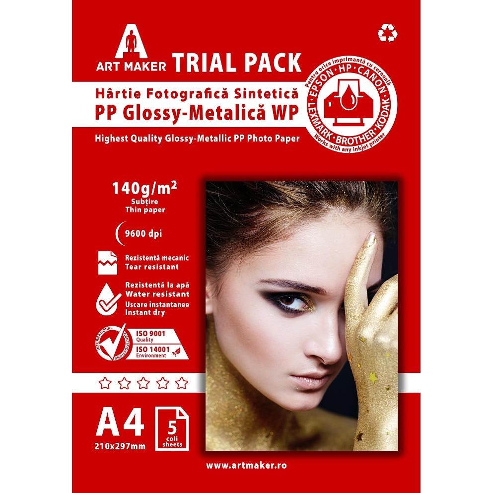 Hartie sintetica PP Glossy-Metalic, A4, 5 coli, Waterproof