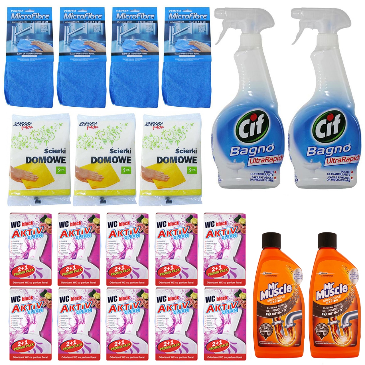 Pachet - 10 x Aktiv Clean, Odorizant WC, Floral, 30g/Cutie + 2 x MMr. Muscle Gel pentru desfundat tevile, 500 ml + 2 x Solutie de baie, Cif Bagno, 500ml + 4 x Laveta Microfibre + 3 x Set Lavete uscate, 3buc/Set