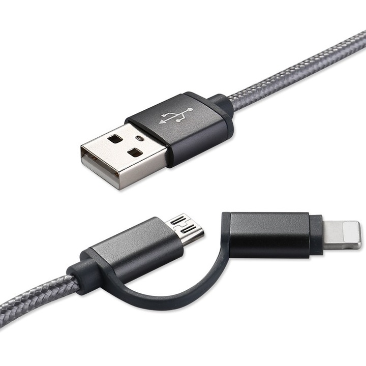 Кабел за данни, MRG M-172, 2 в 1, iPhone 5/6 + Micro USB, Черен