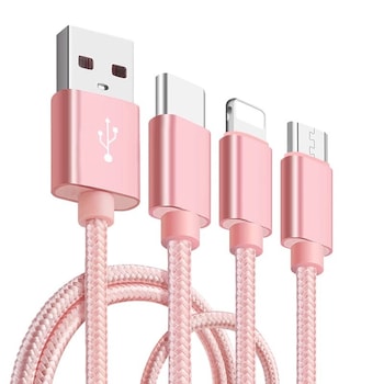 Cablu De Date 3 In 1 MRG® compatibil cu Iphone 5/6 + Micro Usb + Type C Roz pt Telefon Tableta Cablu De Date 3 In 1 MRG® compatibil cu Iphone 5/6 + Micro Usb + Type C Roz pt Telefon Tableta