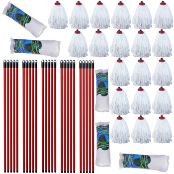 Pachet - 25 x Coada pentru Mop, Matura, Din metal, Rosu, Cu filet, 110cm + 10 x Mop bumbac, 250g + 10 x Mop bumbac, 200g + 5 x Mop ecologic Pachet - 25 x Coada pentru Mop, Matura, Din metal, Rosu, Cu filet, 110cm + 10 x Mop bumbac, 250g + 10 x Mop bumbac, 200g + 5 x Mop ecologic