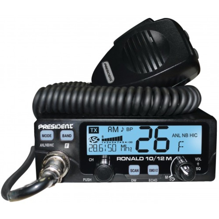 Радиостанция CB President RONALD ASC 10/12M, AM-FM, 12V, Ръчно и автоматично шумоподтискане, Scan, RF Gain, Dual watch