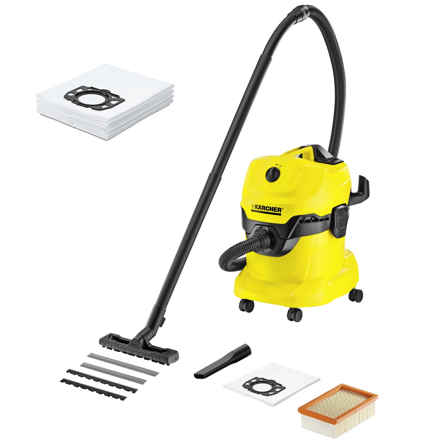 Home kit - Aspirator uscat/umed Karcher WD4 + 4 saci Vlies extra - 1000 W, Galben/Negru
