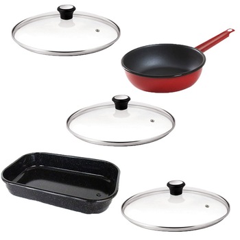 Pachet - 3 x Capac din sticla yena, 28cm + Tava emailata, 36cm + Tigaie teflonata, 28cm Pachet - 3 x Capac din sticla yena, 28cm + Tava emailata, 36cm + Tigaie teflonata, 28cm