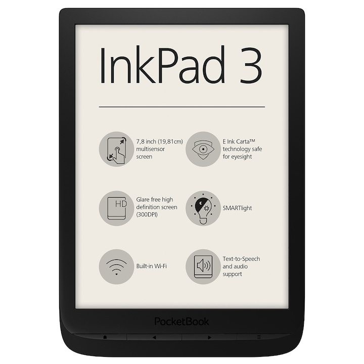 PocketBook Inkpad 3 eBook olvasó, 7.8", 8GB+ kártyaolvasó, Wi-Fi, Fekete