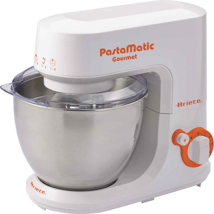 Миксер с купа Ariete Gourmet Pastamatic 1597, 1000W, 6 скорости, Иноксова купа 4 л, Бял