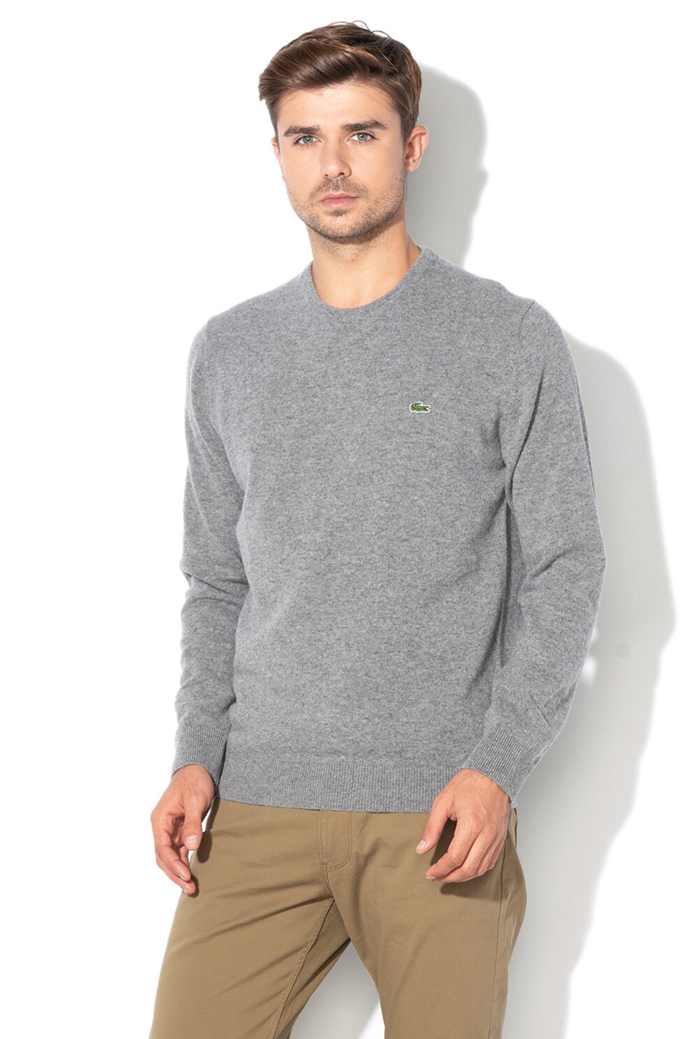 Lacoste, Pulover din lana cu decolteu la baza gatului, Gri melange, 4XL