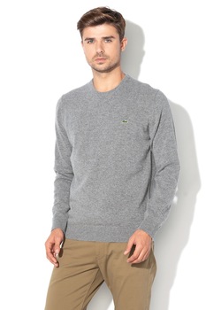 Lacoste, Pulover din lana cu decolteu la baza gatului, Gri melange, 4XL Lacoste, Pulover din lana cu decolteu la baza gatului, Gri melange, 4XL