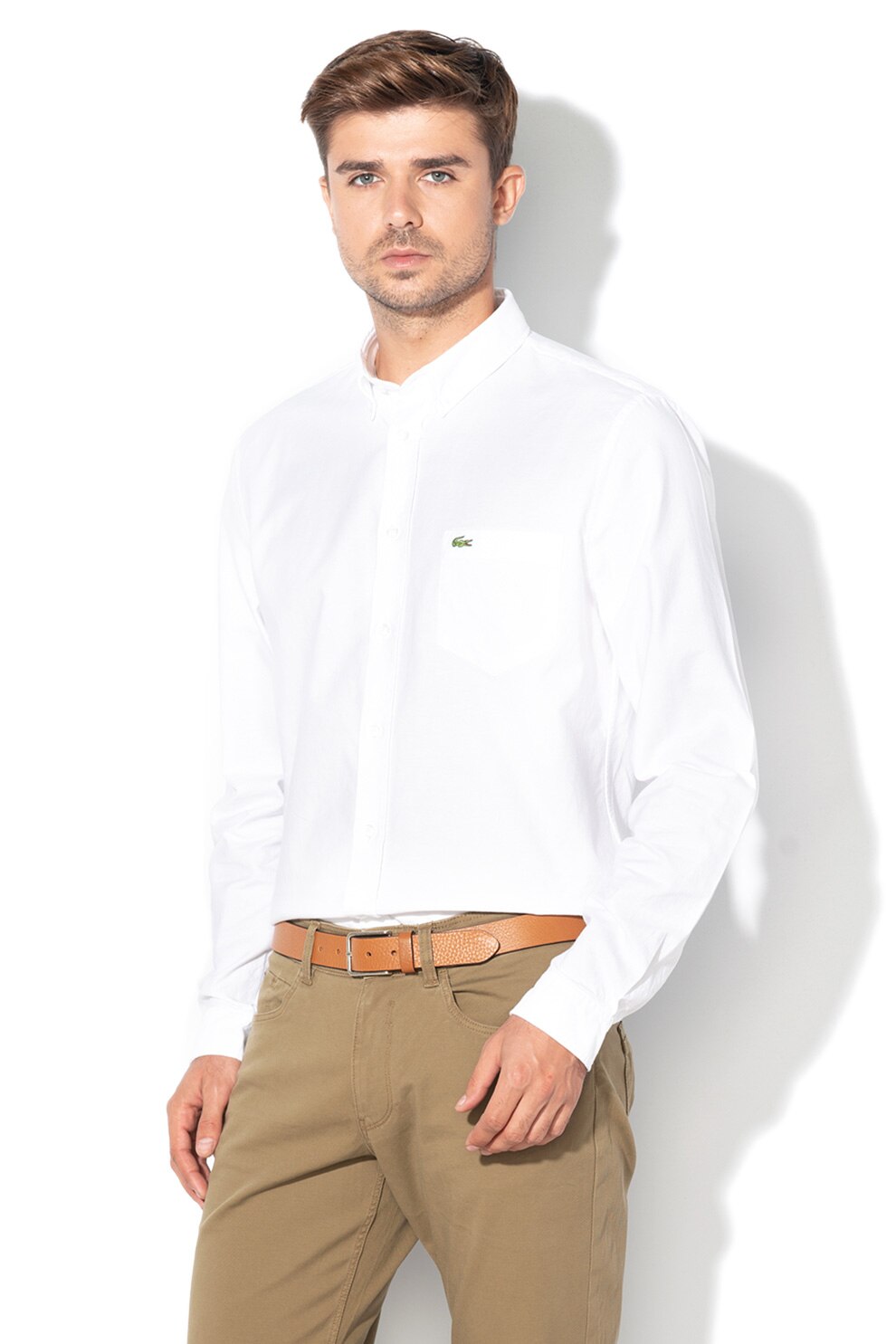 Lacoste, Camasa regular fit cu logo brodat, Alb