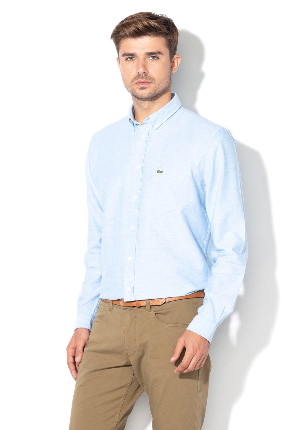 Lacoste, Camasa regular fit cu logo brodat, Albastru lavanda