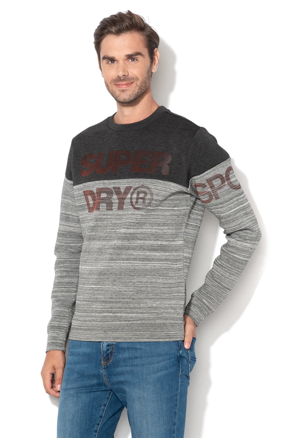 SUPERDRY, Bluza sport cu imprimeu text Gym Tech, Gri melange/Rosu/Negru