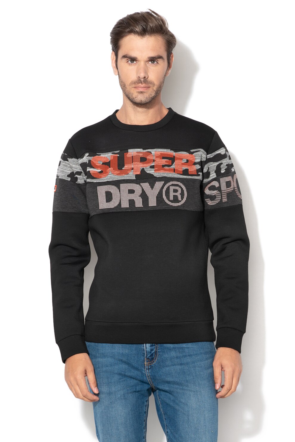 SUPERDRY, Bluza sport cu imprimeu text Gym Tech, Negru/Gri melange/Oranj