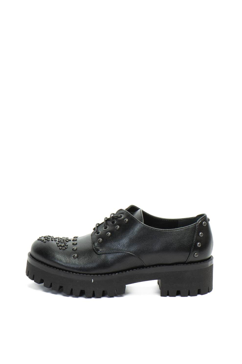 Pollini, Pantofi brogue de piele ecologica cu toc masiv si tinte, Negru, 40