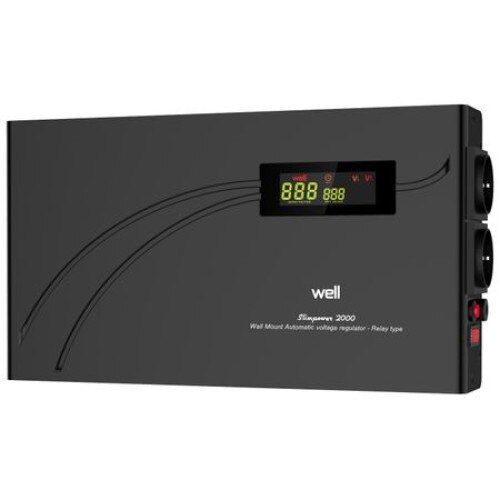 Stabilizator de tensiune 1200W cu transformator, montabil pe perete, Negru, Well