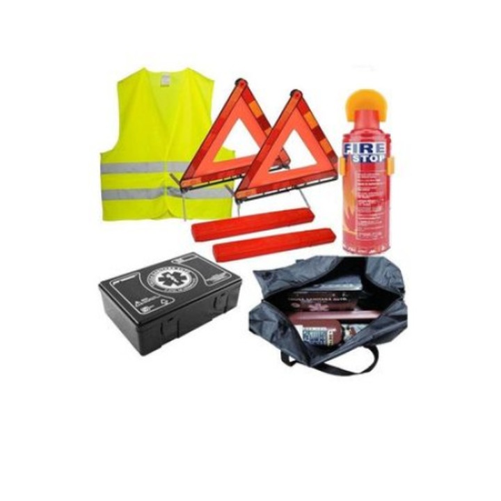 Първокласен комплект за безопасност, 2 х светлоотразителен триъгълник / пожарогасител / комплект за първа помощ / светлоотразителна жилетка / чанта за съхранение
